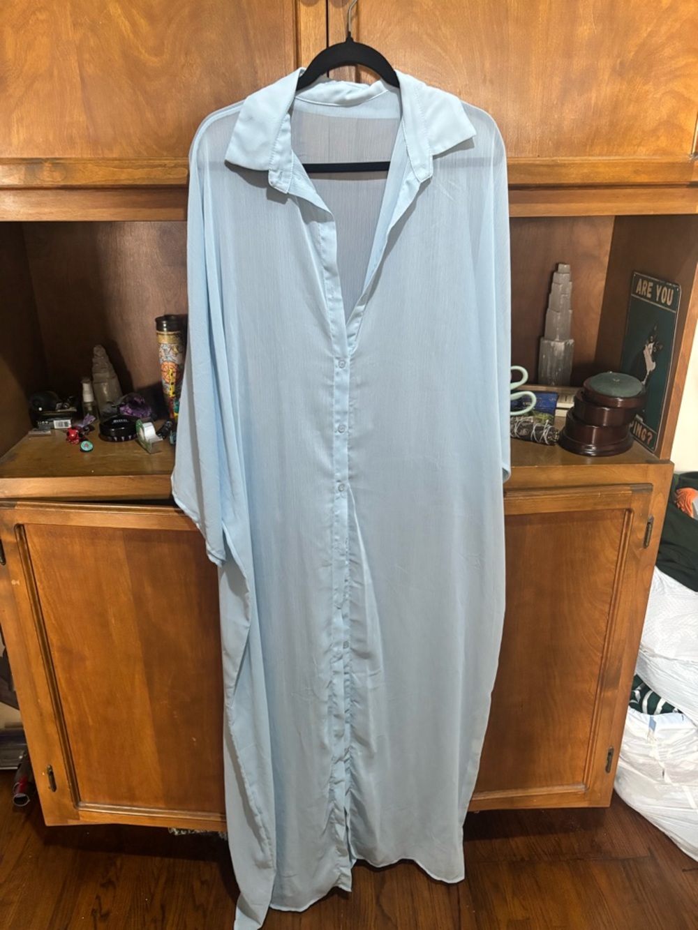 Light Blue Button-Front Maxi Shirt Dress